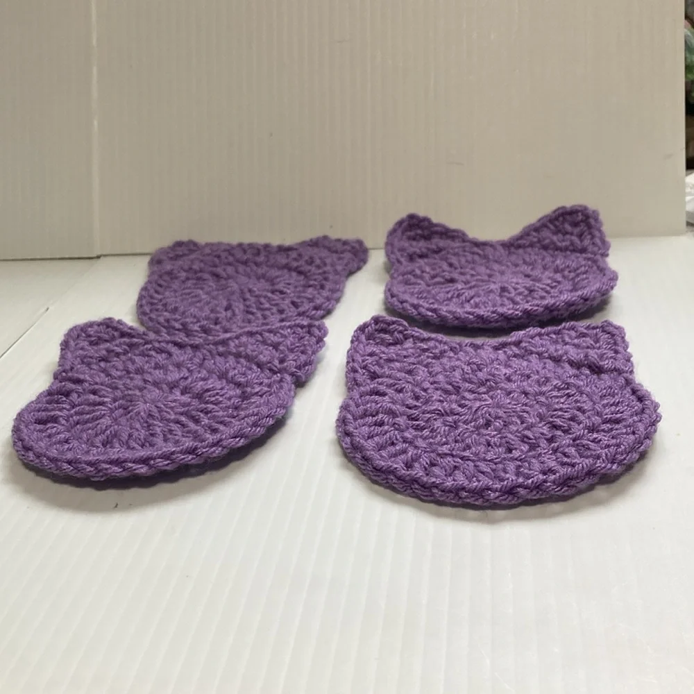 Kitty Cat COASTERS Crocheted by Hand Purple 3.75 inch Diameter Set of 4
